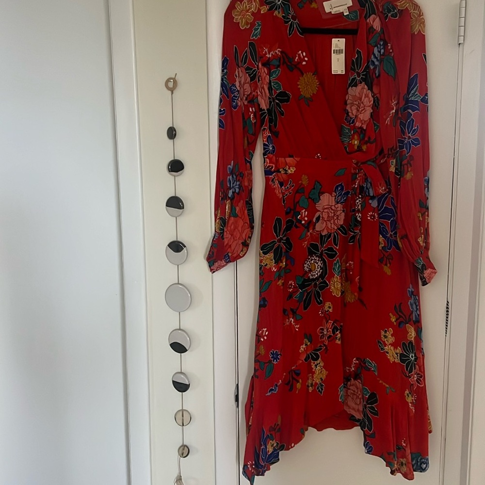 Red floral long sleeve mini Anthropologie dress